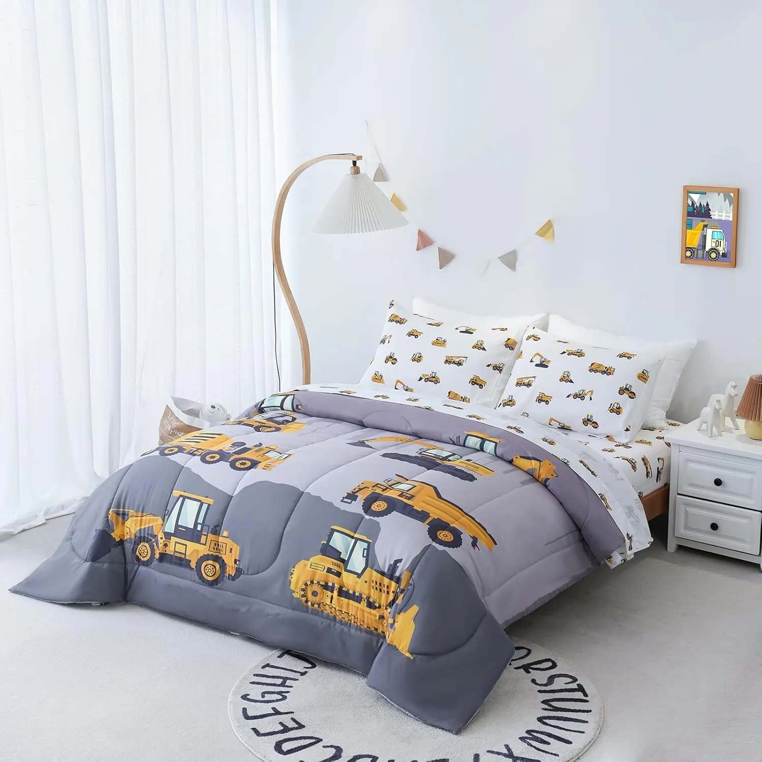 Cokouchyi Twin Size Comforter Set for Boys, 4-Piece Bed in a Bag, 3D Construction Bedding Comforter Sheet Set, Ultra Soft and Fluffy, Cartoon Truck Cars