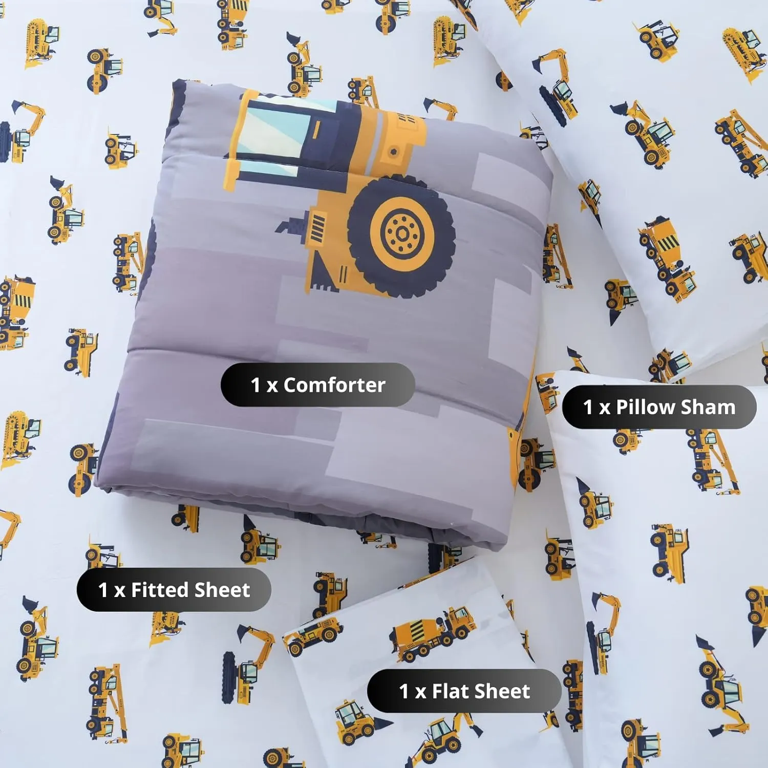 Cokouchyi Twin Size Comforter Set for Boys, 4-Piece Bed in a Bag, 3D Construction Bedding Comforter Sheet Set, Ultra Soft and Fluffy, Cartoon Truck Cars