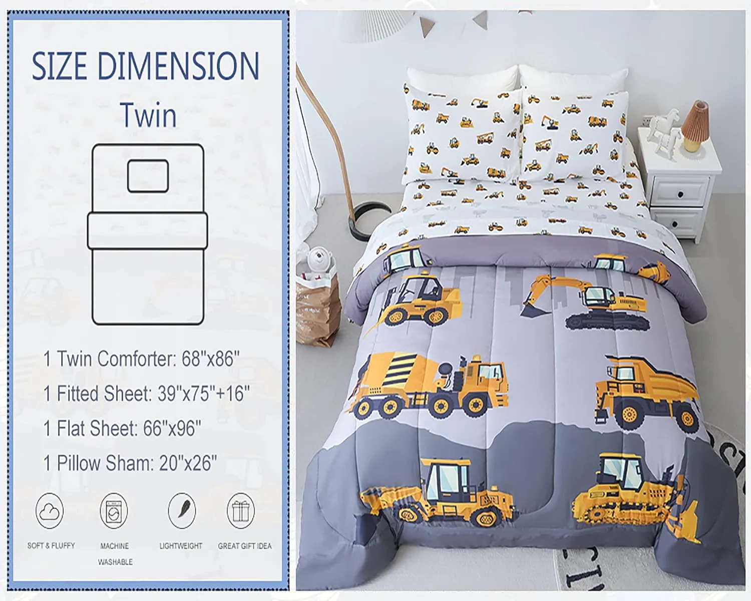 Cokouchyi Twin Size Comforter Set for Boys, 4-Piece Bed in a Bag, 3D Construction Bedding Comforter Sheet Set, Ultra Soft and Fluffy, Cartoon Truck Cars