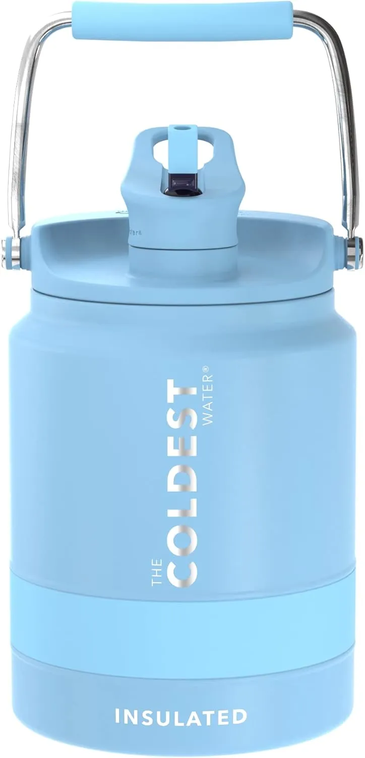 COLDEST Sports Water Bottle 128 oz/One Gallon (Straw Lid), Leak Proof, Vacuum Insulated Stainless Steel, Hot Cold, Double Walled, Metal Canteen Growler Jug (Fusion Blue, Half Gallon)