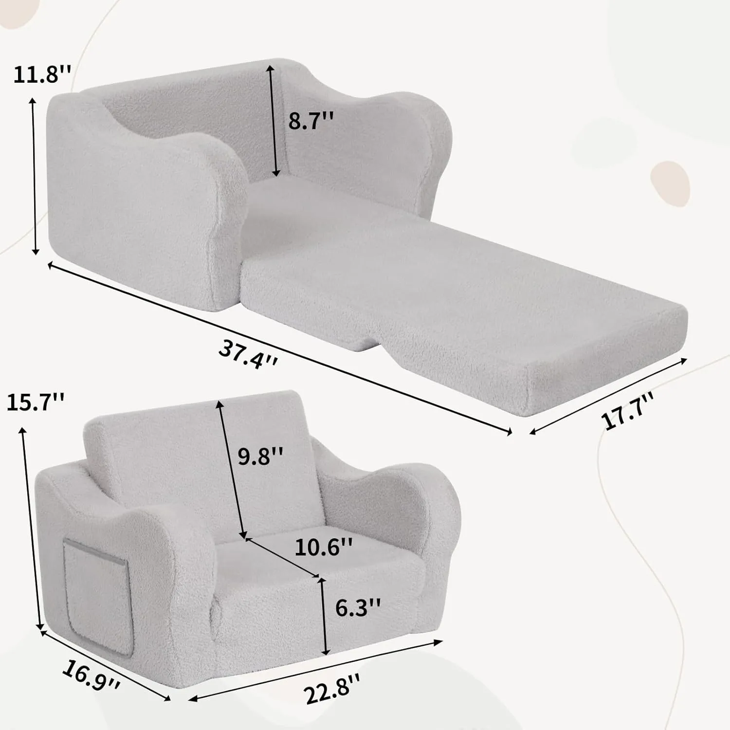 Comfy Toddler Chair, 2-in-1 Toddler Couch Fold Out, Convertible Sherpa Sofa to Lounger for Boys & Girls, Grey