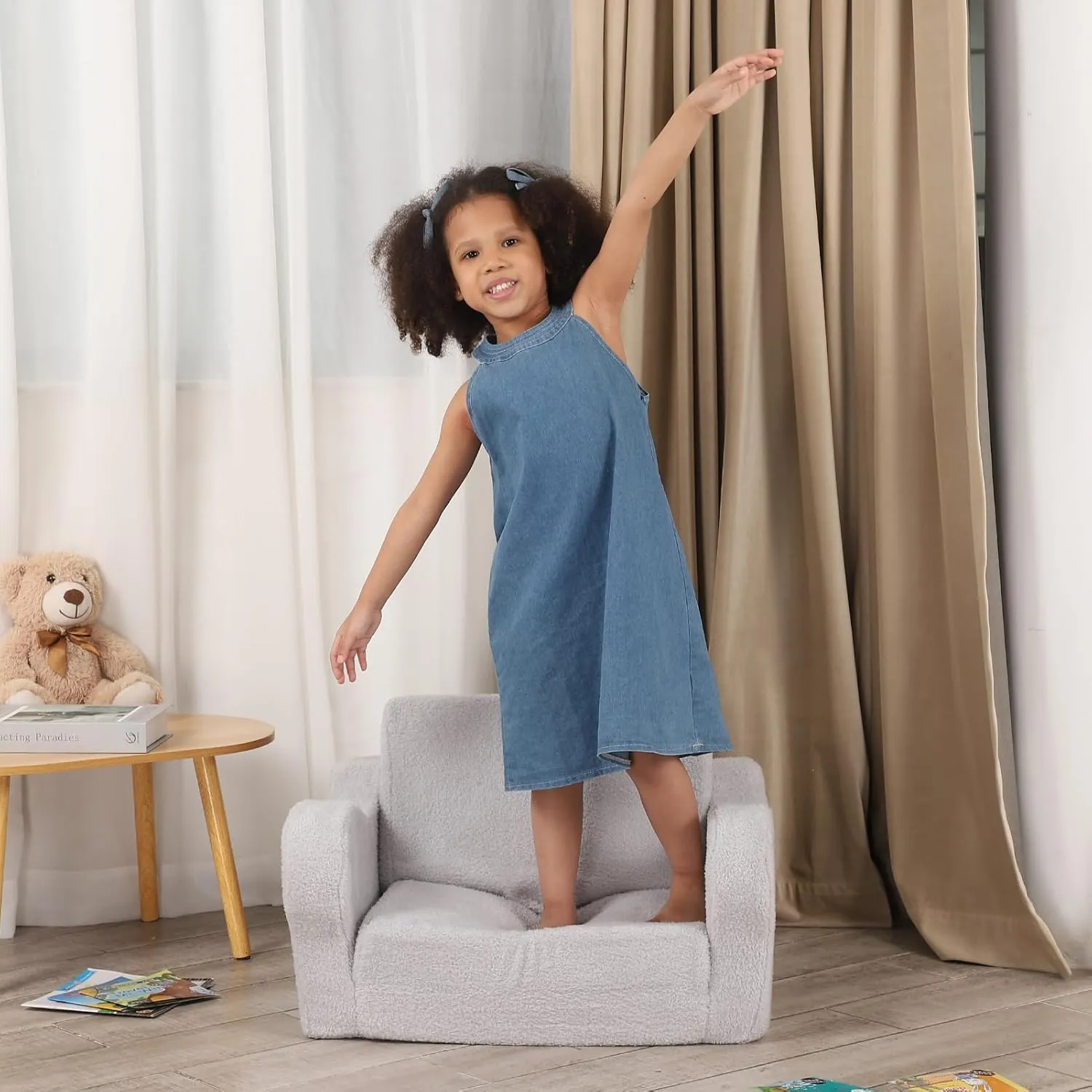 Comfy Toddler Chair, 2-in-1 Toddler Couch Fold Out, Convertible Sherpa Sofa to Lounger for Boys & Girls, Grey