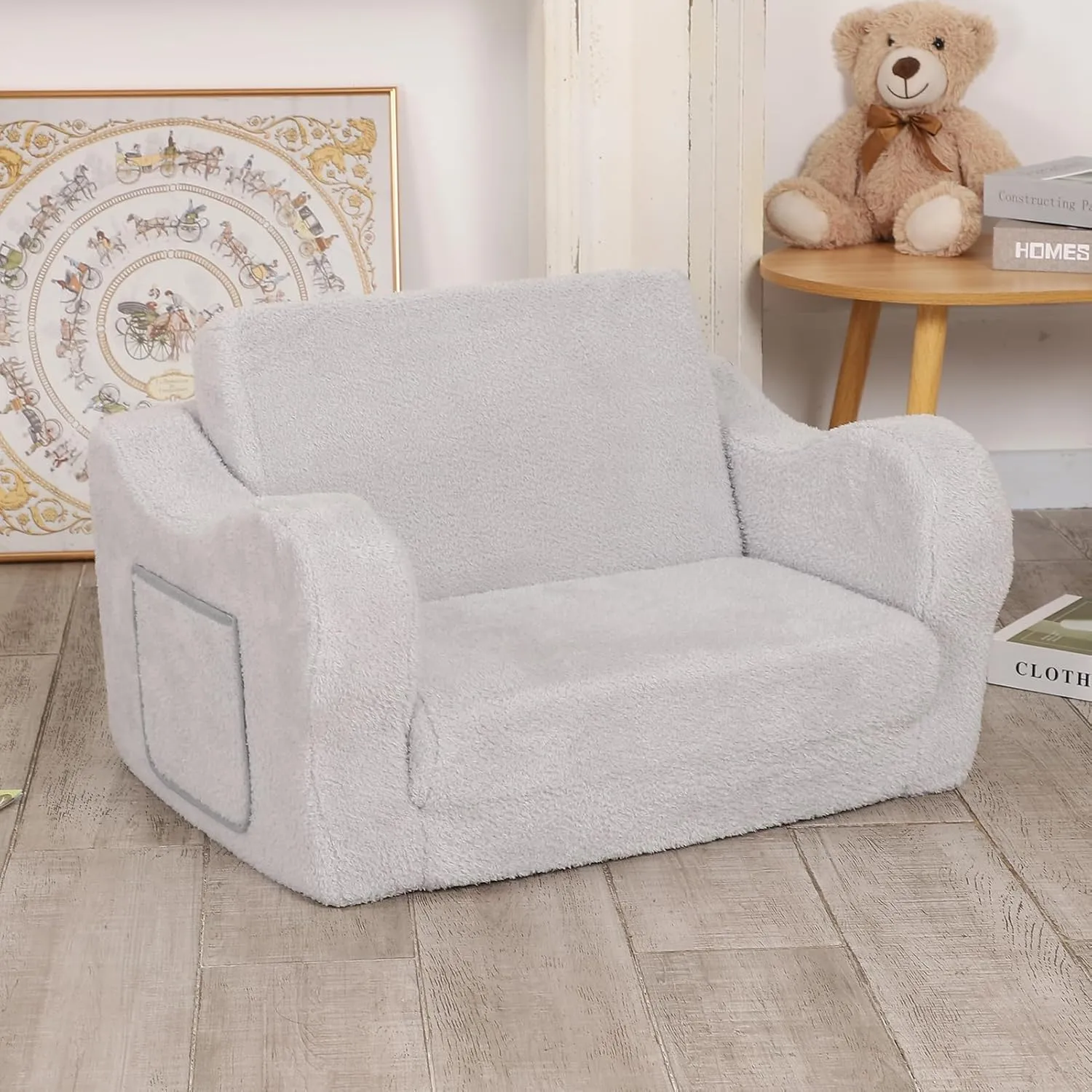 Comfy Toddler Chair, 2-in-1 Toddler Couch Fold Out, Convertible Sherpa Sofa to Lounger for Boys & Girls, Grey
