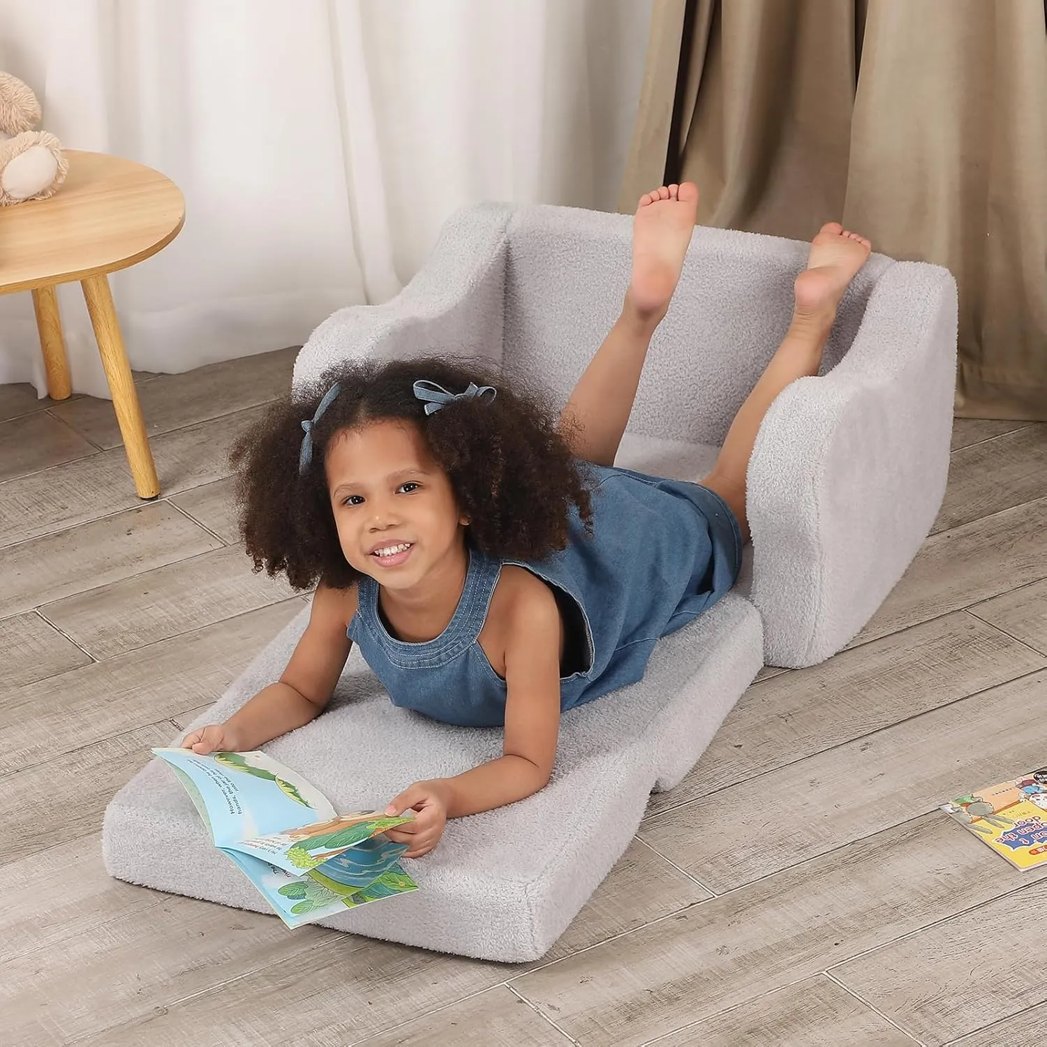 Comfy Toddler Chair, 2-in-1 Toddler Couch Fold Out, Convertible Sherpa Sofa to Lounger for Boys & Girls, Grey