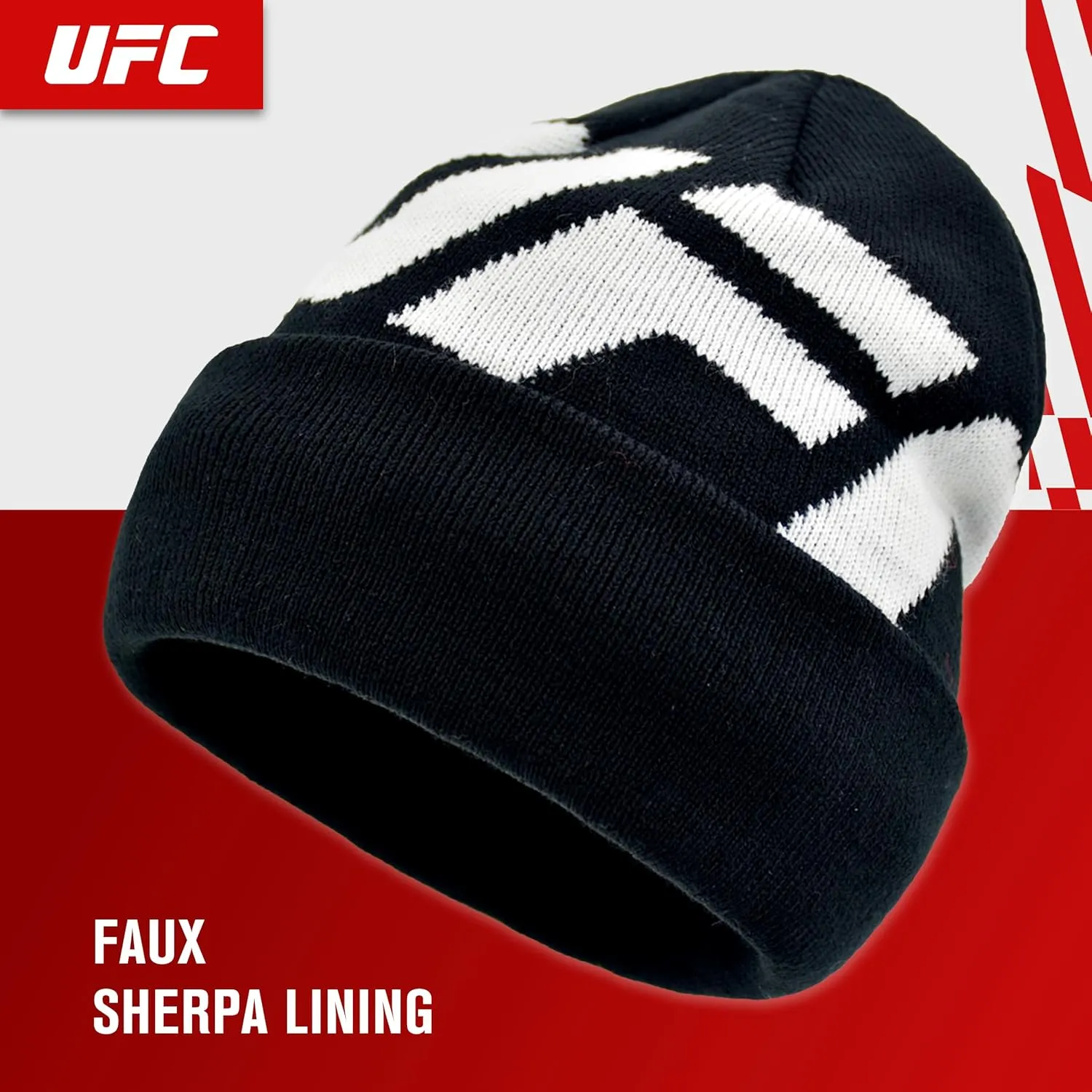 Concept One UFC Beanie Hat, Cuffed Winter Knit Cap with Faux Sherpa Lining and Jacquard Logo