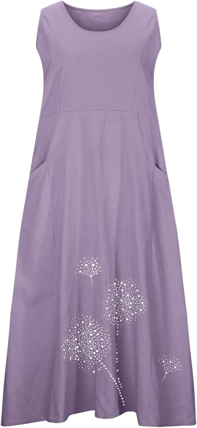 Cotton Linen Dresses for Women 2024 Casual Sleeveless Summer Dresses Casual Crewneck Maxi Dress Trendy Summer Beach Outfits