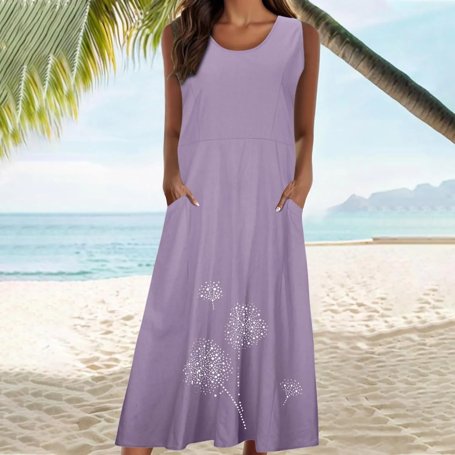 Cotton Linen Dresses for Women 2024 Casual Sleeveless Summer Dresses Casual Crewneck Maxi Dress Trendy Summer Beach Outfits