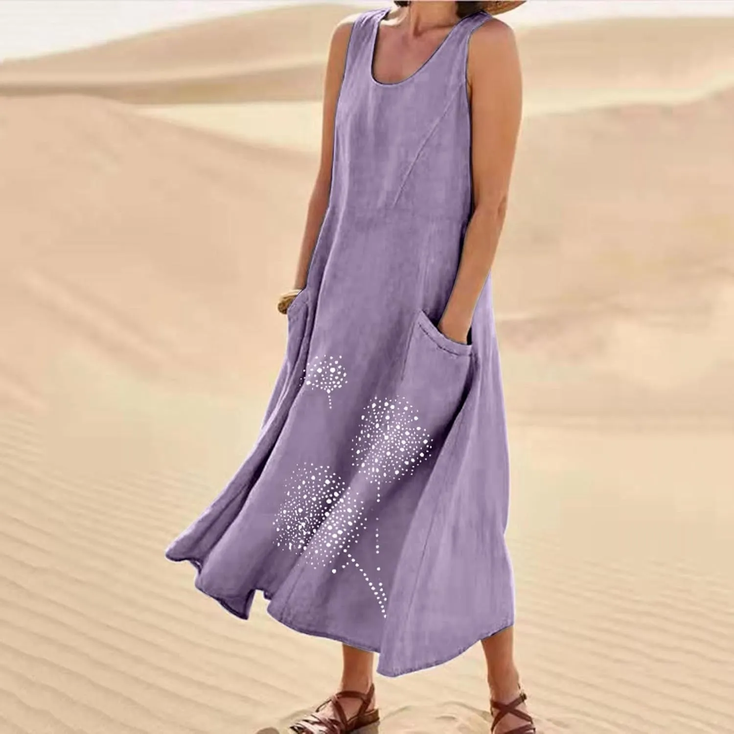 Cotton Linen Dresses for Women 2024 Casual Sleeveless Summer Dresses Casual Crewneck Maxi Dress Trendy Summer Beach Outfits