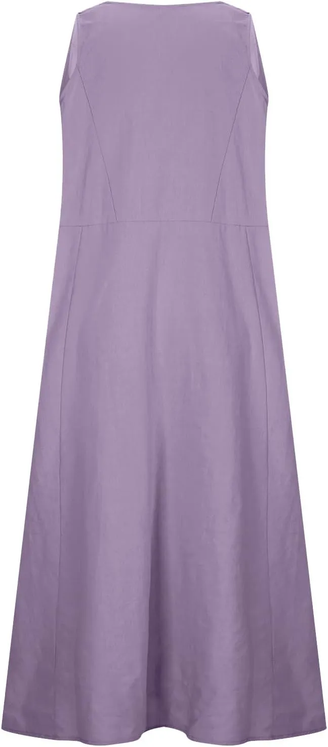 Cotton Linen Dresses for Women 2024 Casual Sleeveless Summer Dresses Casual Crewneck Maxi Dress Trendy Summer Beach Outfits