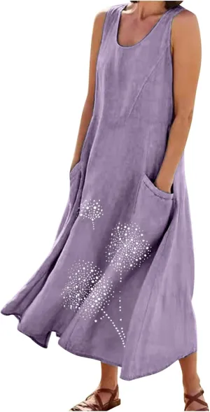 Cotton Linen Dresses for Women 2024 Casual Sleeveless Summer Dresses Casual Crewneck Maxi Dress Trendy Summer Beach Outfits