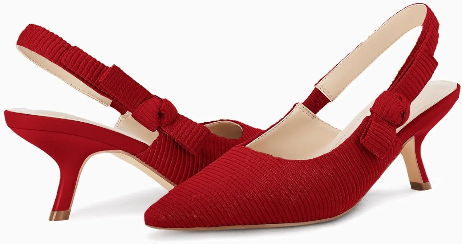 Coutgo Womens Slingback Kitten Heels Closed Pointed Toe Bowknot Knitted Slip On Work Pumps Dress Shoes