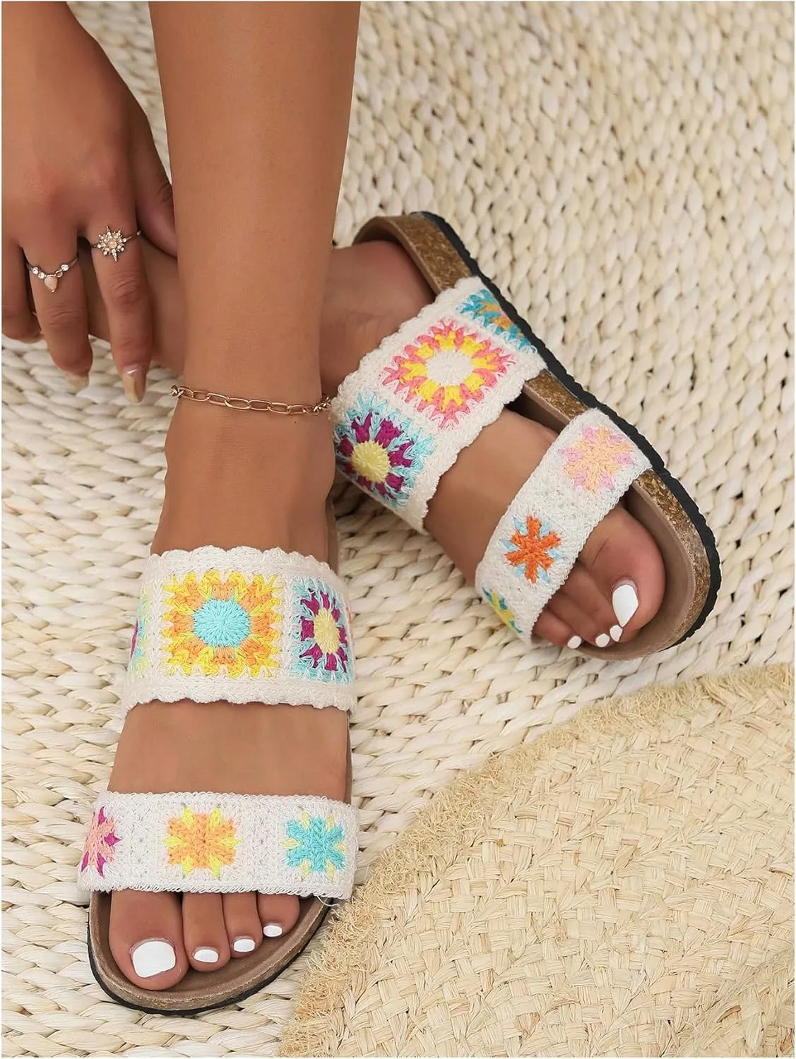 COZYEASE Women's Floral Woven Slide Sandals Boho Vacation Slip On Flat Open Toe Shoes