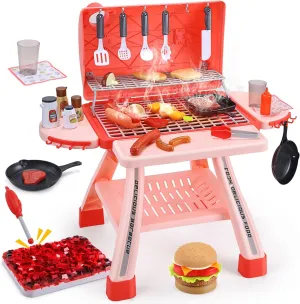 CUTE STONE BBQ Grill Toy Playset for Kids with Sound, Lights & Cool Mist Spray, Indoor Outdoor Play Cooking Set with Utensils & Food, Play Camping Interactive Toy Gift for Boys Girls Ages 3 