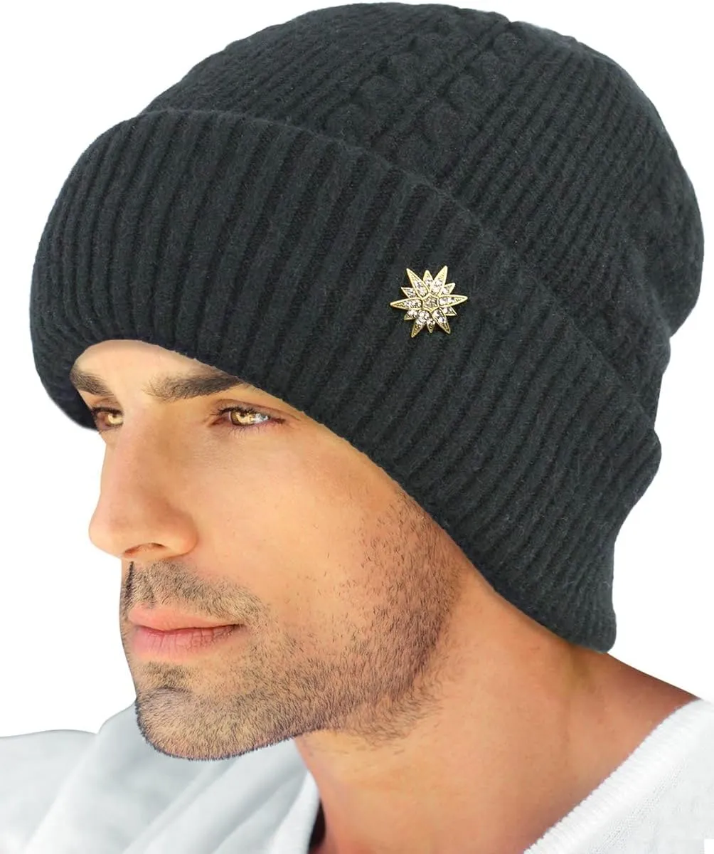 Dahlia Men's Skullies & Beanies - Wool, Knit Winter Hat, Fleece Lined,