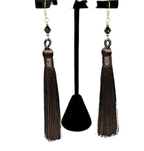 Dark Brown Tassel Long Drop Earrings with Austrian Crystals 4 1/2 Inches long