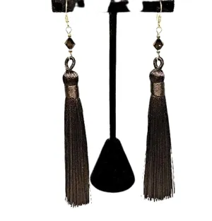 Dark Brown Tassel Long Drop Earrings with Austrian Crystals 4 1/2 Inches long