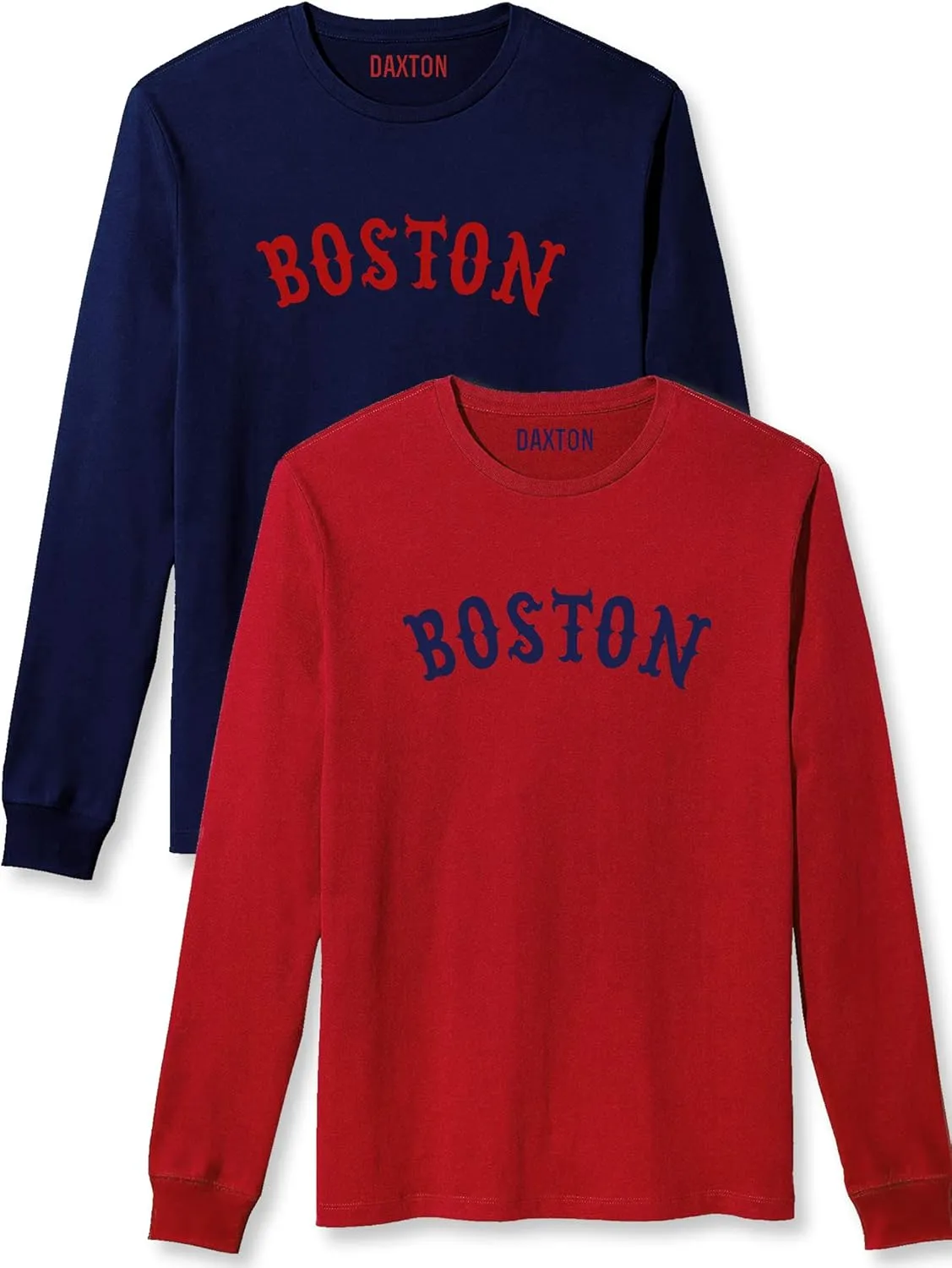 Daxton Retro Boston Arch Font Long Sleeves T Shirt Soft Medium Weight Cotton, 2Pk Navy Red Red Navy, 2XL