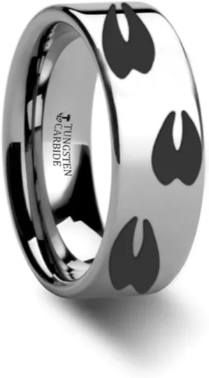 DEER TRACK Animal Tracks Deer Hoof Print Ring Flat Polished Tungsten Ring 6mm Wide Wedding Band