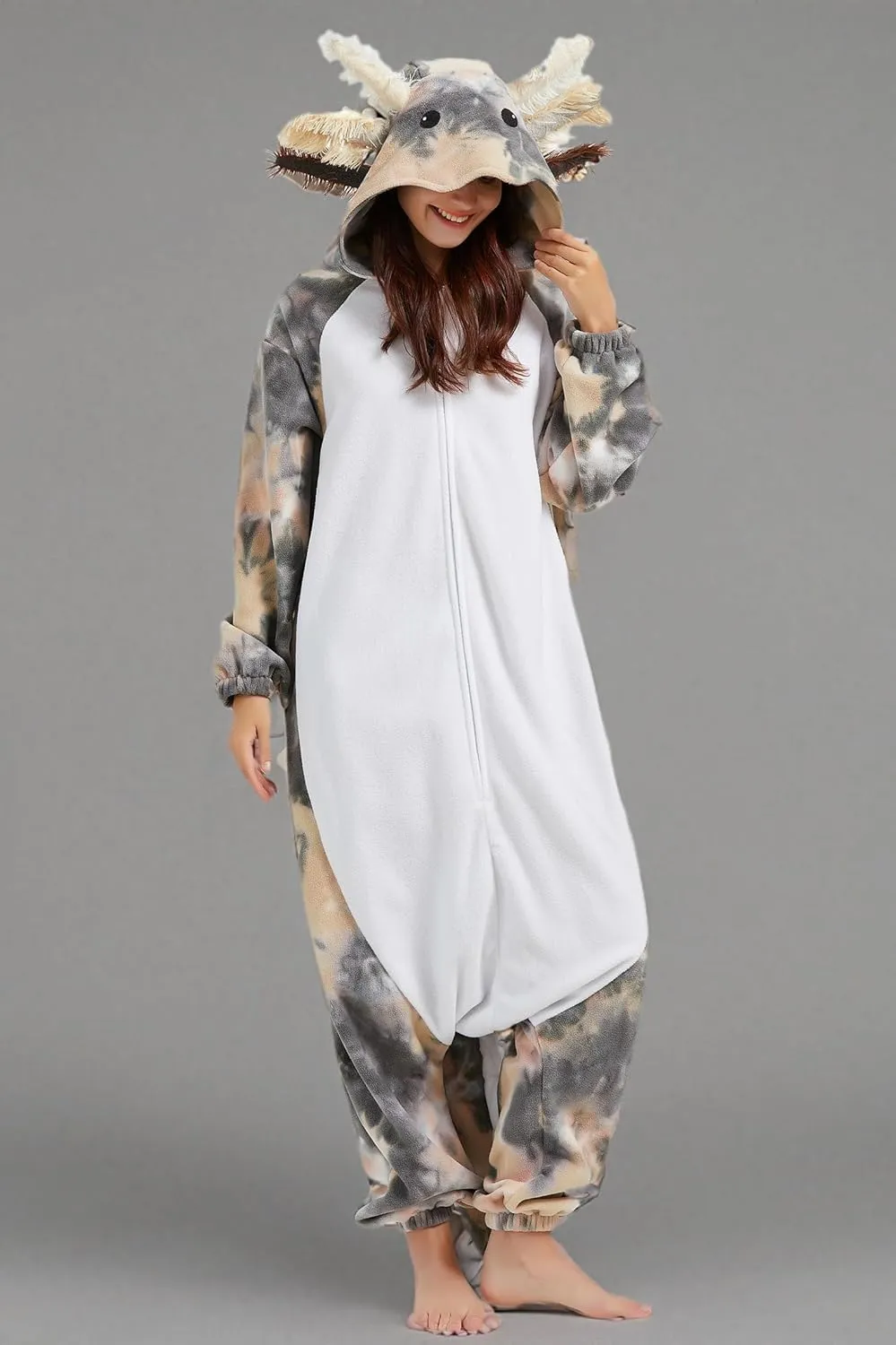 DELEY Unisex Axolotl Costume Adult Onesie, One Piece Pajamas, Halloween Cosplay Costumes Homewear Jumpsuit,Animal Onesie