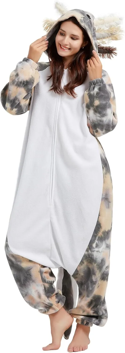 DELEY Unisex Axolotl Costume Adult Onesie, One Piece Pajamas, Halloween Cosplay Costumes Homewear Jumpsuit,Animal Onesie