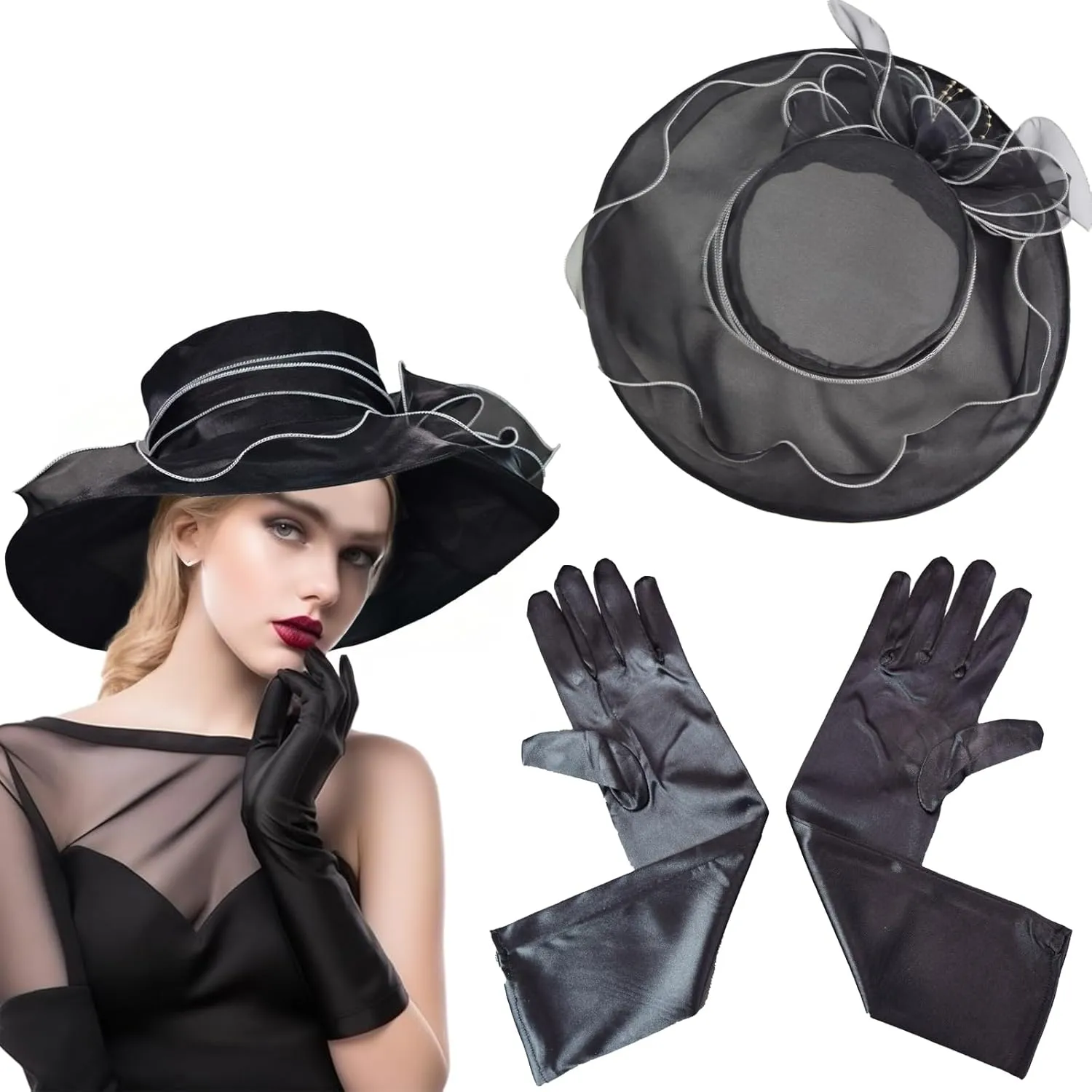 Derby Fascinator Hats for Women, Wide Brim Tea Party Organza Sun Hats for Wedding & Cocktail Party