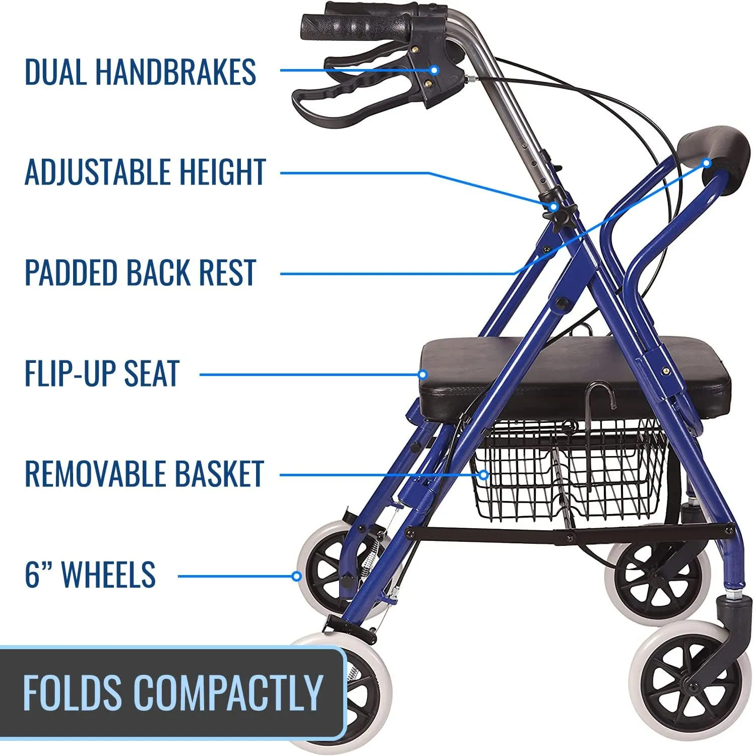 DMI Ultra Lightweight Folding Aluminum Hemi Rollator with Padded Seat, Basket and Adjustable Handle Height, Mobility Walker, Easily Folds, 300 pound Weight Capacity, Royal Blue