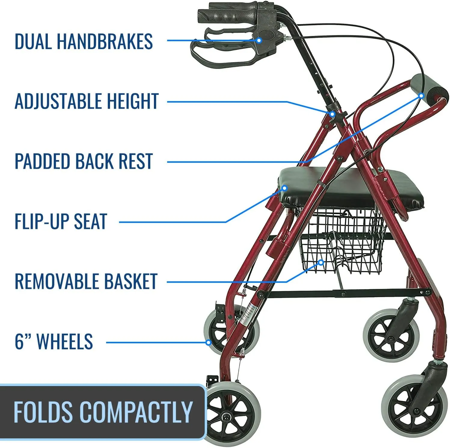 DMI Ultra Lightweight Folding Aluminum Rollator Walker with Adjustable Handle Height, FSA and HSA Eligible, Cushioned Flip Up Seat and Convenient Storage Basket, Burgundy