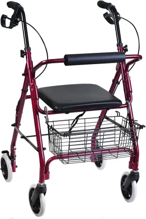 DMI Ultra Lightweight Folding Aluminum Rollator Walker with Adjustable Handle Height, FSA and HSA Eligible, Cushioned Flip Up Seat and Convenient Storage Basket, Burgundy