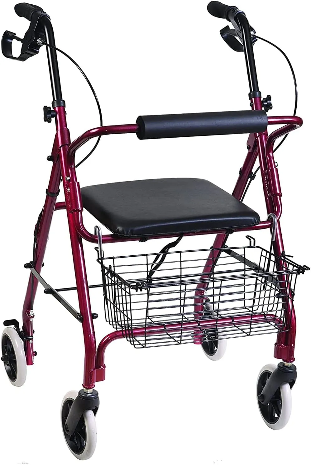 DMI Ultra Lightweight Folding Aluminum Rollator Walker with Adjustable Handle Height, FSA and HSA Eligible, Cushioned Flip Up Seat and Convenient Storage Basket, Burgundy