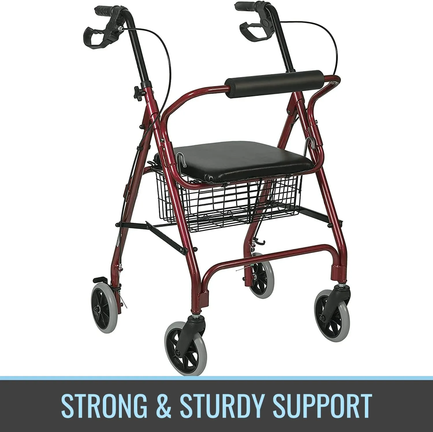 DMI Ultra Lightweight Folding Aluminum Rollator Walker with Adjustable Handle Height, FSA and HSA Eligible, Cushioned Flip Up Seat and Convenient Storage Basket, Burgundy