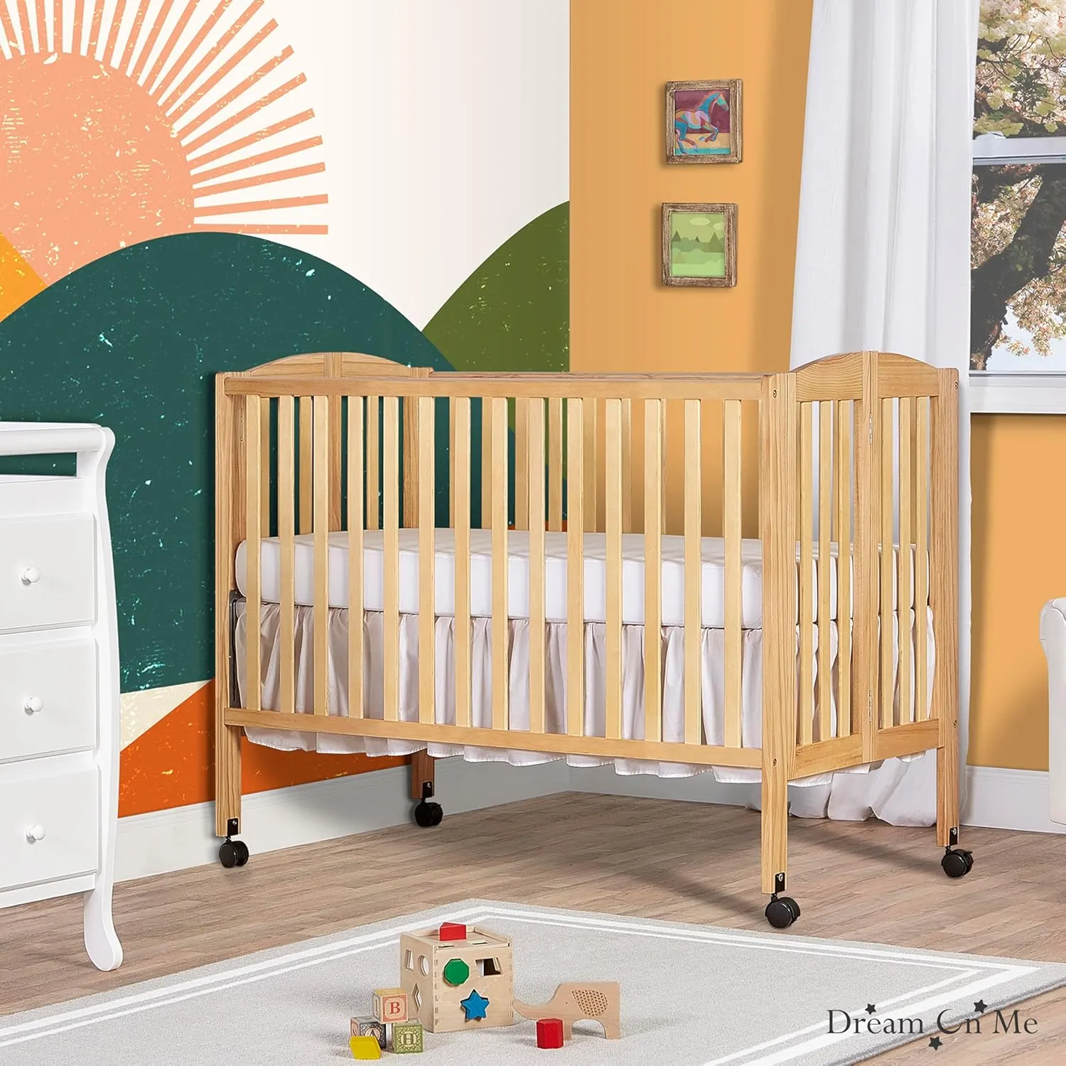 Dream On Me, Full Size 2-in-1 Folding Stationary Side Crib, Natural