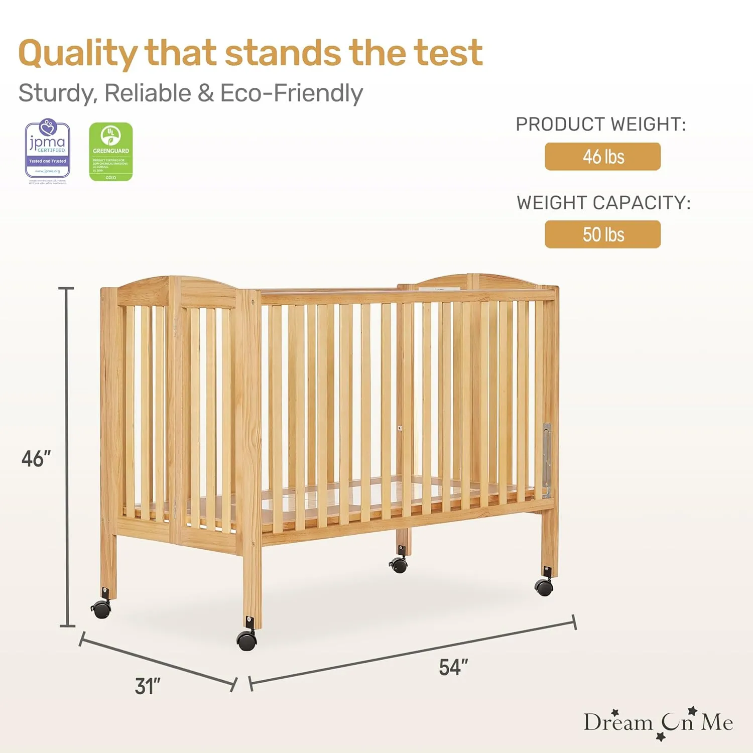Dream On Me, Full Size 2-in-1 Folding Stationary Side Crib, Natural