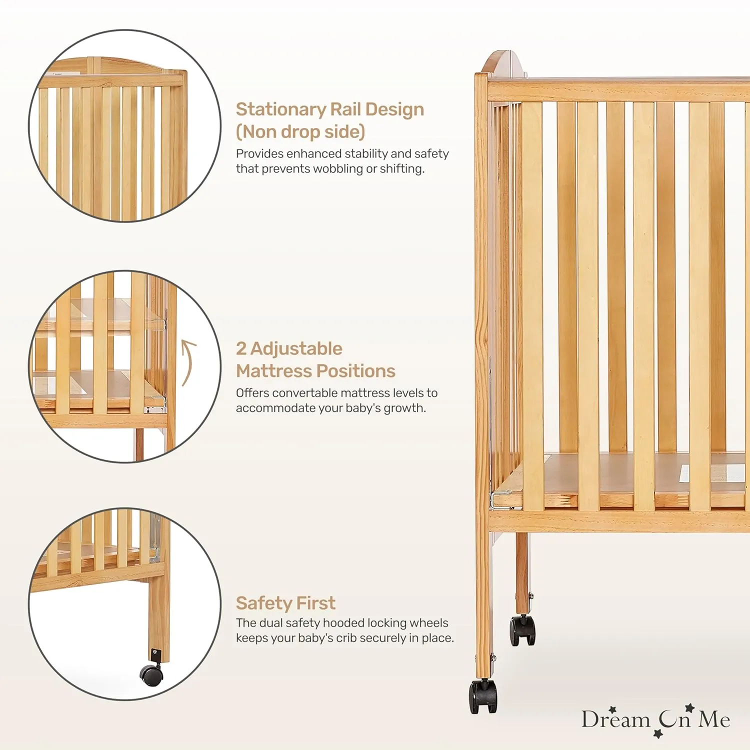 Dream On Me, Full Size 2-in-1 Folding Stationary Side Crib, Natural