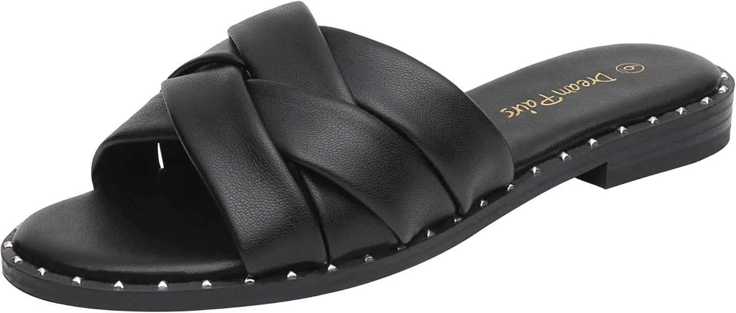 DREAM PAIRS Women' s Cute Slip On Studded Flat Slides Sandals