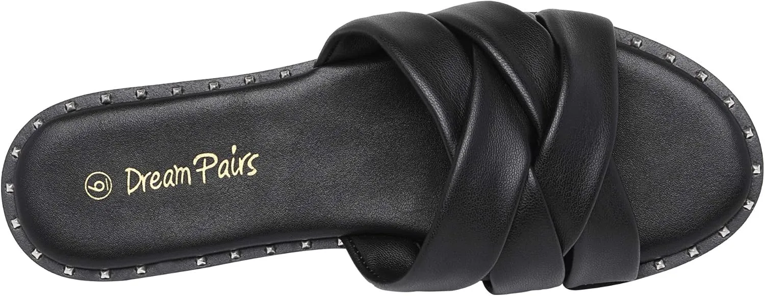 DREAM PAIRS Women' s Cute Slip On Studded Flat Slides Sandals