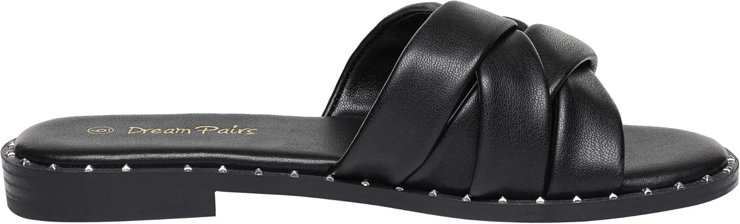 DREAM PAIRS Women' s Cute Slip On Studded Flat Slides Sandals
