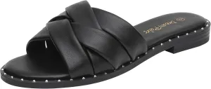 DREAM PAIRS Women' s Cute Slip On Studded Flat Slides Sandals