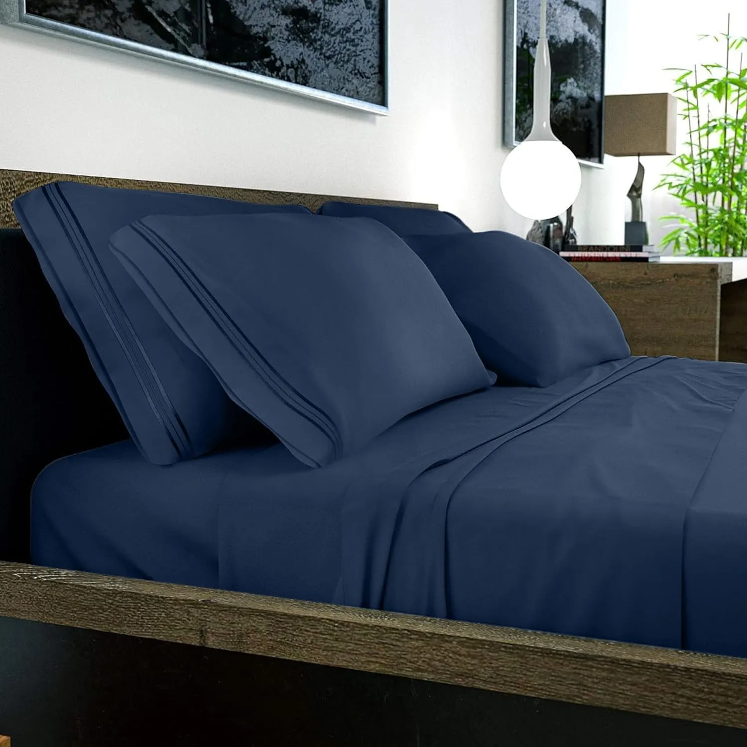 DREAMCARE King Size Sheets Set – 6 pcs Cooling Bed Sheets – up to 21” Deep Pocket King Sheet Set – 2500 Supreme Collection – Extra Soft 100% Brushed Microfiber Hotel Luxury with Side Pocket – N Blue