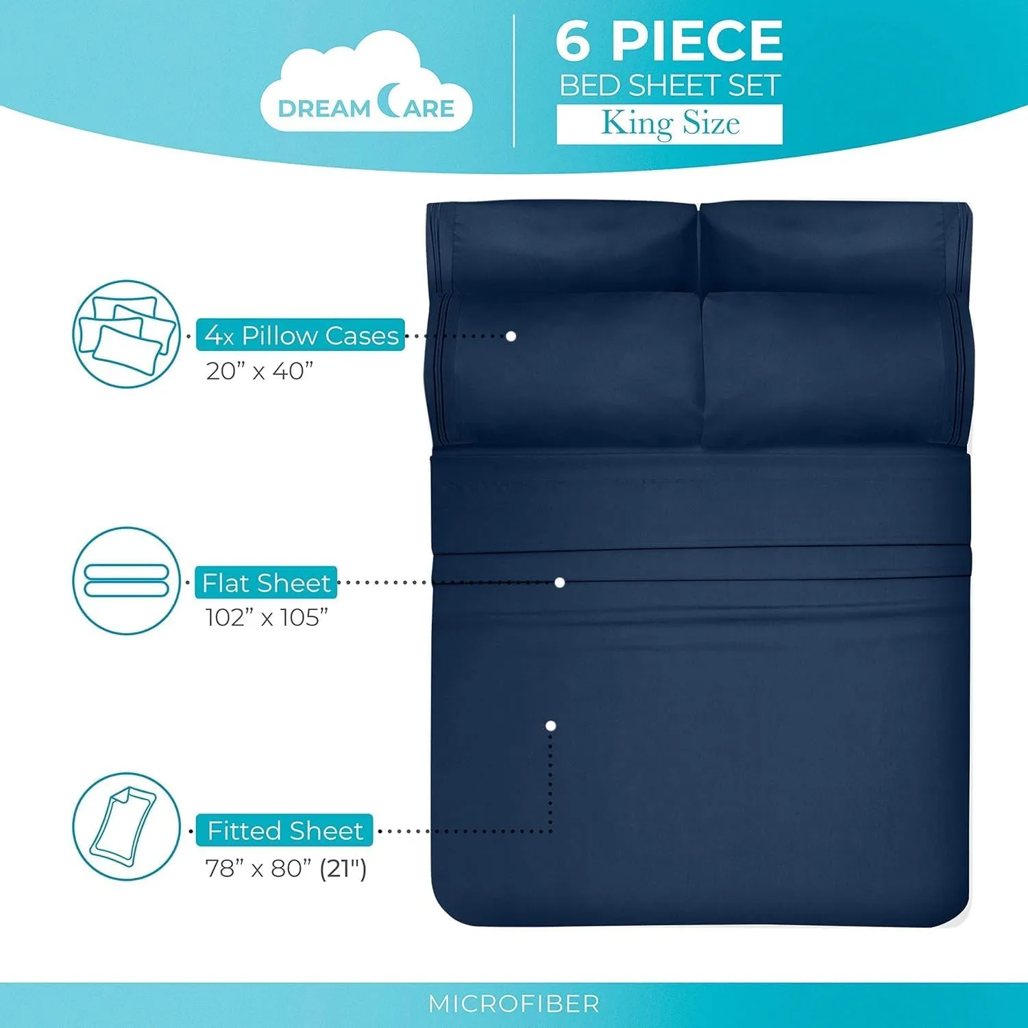 DREAMCARE King Size Sheets Set – 6 pcs Cooling Bed Sheets – up to 21” Deep Pocket King Sheet Set – 2500 Supreme Collection – Extra Soft 100% Brushed Microfiber Hotel Luxury with Side Pocket – N Blue