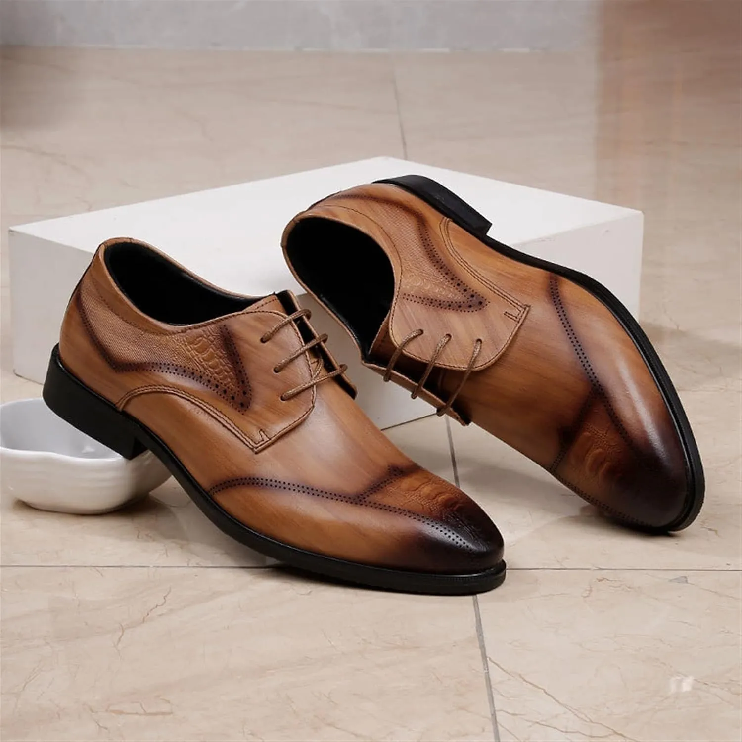 Dress Formal Shoes for Men Lace Up Derby Shoes Burnished Round Toe Crocodile Embossed Leather Non Slip Low Top Slip Resistant Rubber Sole Block Heel