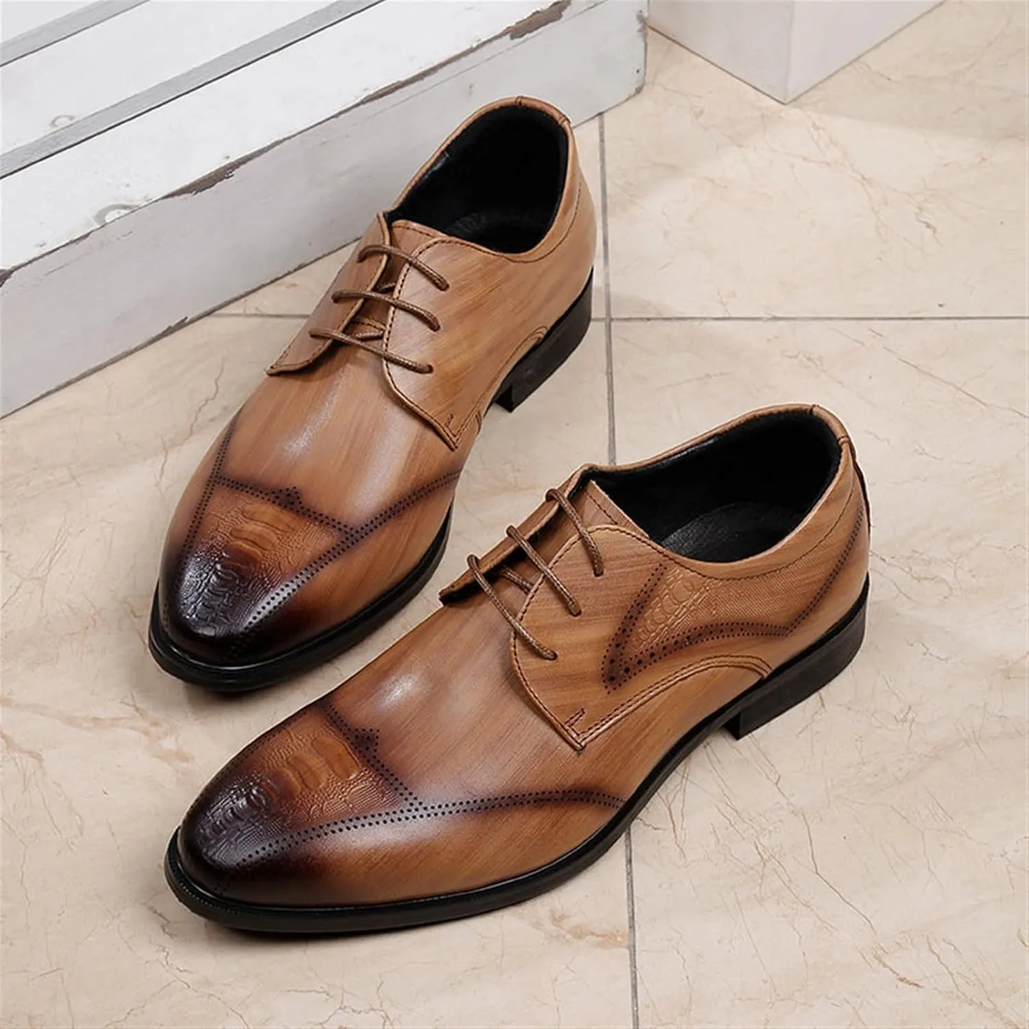 Dress Formal Shoes for Men Lace Up Derby Shoes Burnished Round Toe Crocodile Embossed Leather Non Slip Low Top Slip Resistant Rubber Sole Block Heel