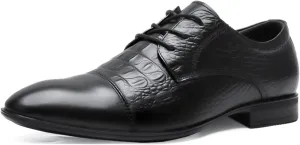 Dress Oxford for Men Lace Up Crocodile Embossed Cap Toe Derby Shoes Leather Low Top Rubber Sole Slip Resistant Block Heel Prom Suitable for Many Occasions.