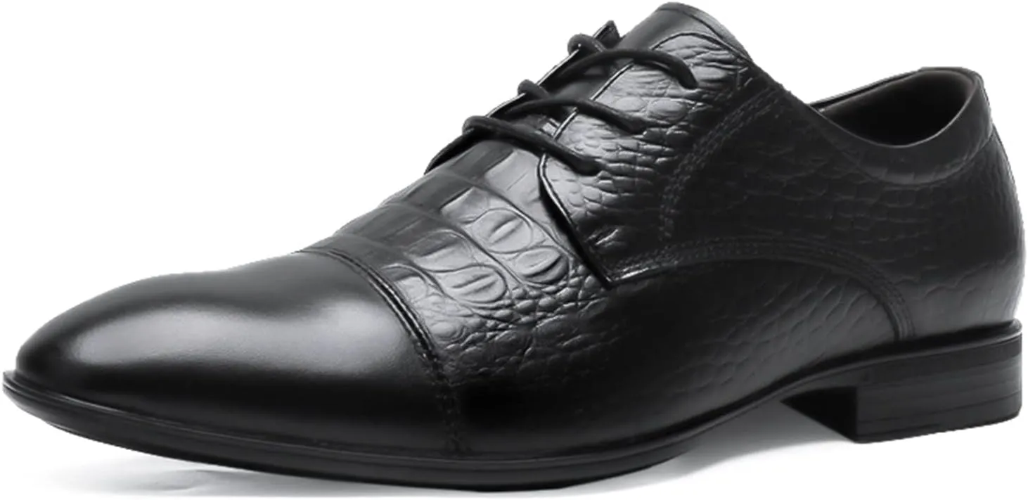 Dress Oxford for Men Lace Up Crocodile Embossed Cap Toe Derby Shoes Leather Low Top Rubber Sole Slip Resistant Block Heel Prom Suitable for Many Occasions.