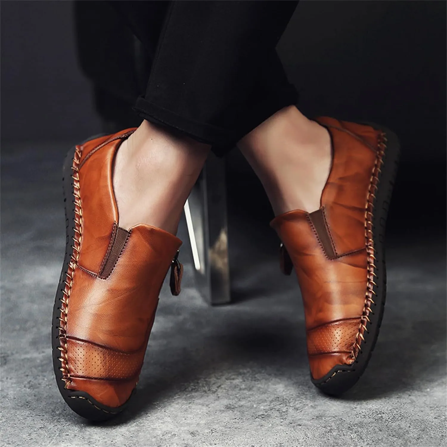 Dress Shoes for Men Lightweight Zipper Slip on Flat Driving Loafers Vintage Walking Slip-on Casual Wedding Oxfords