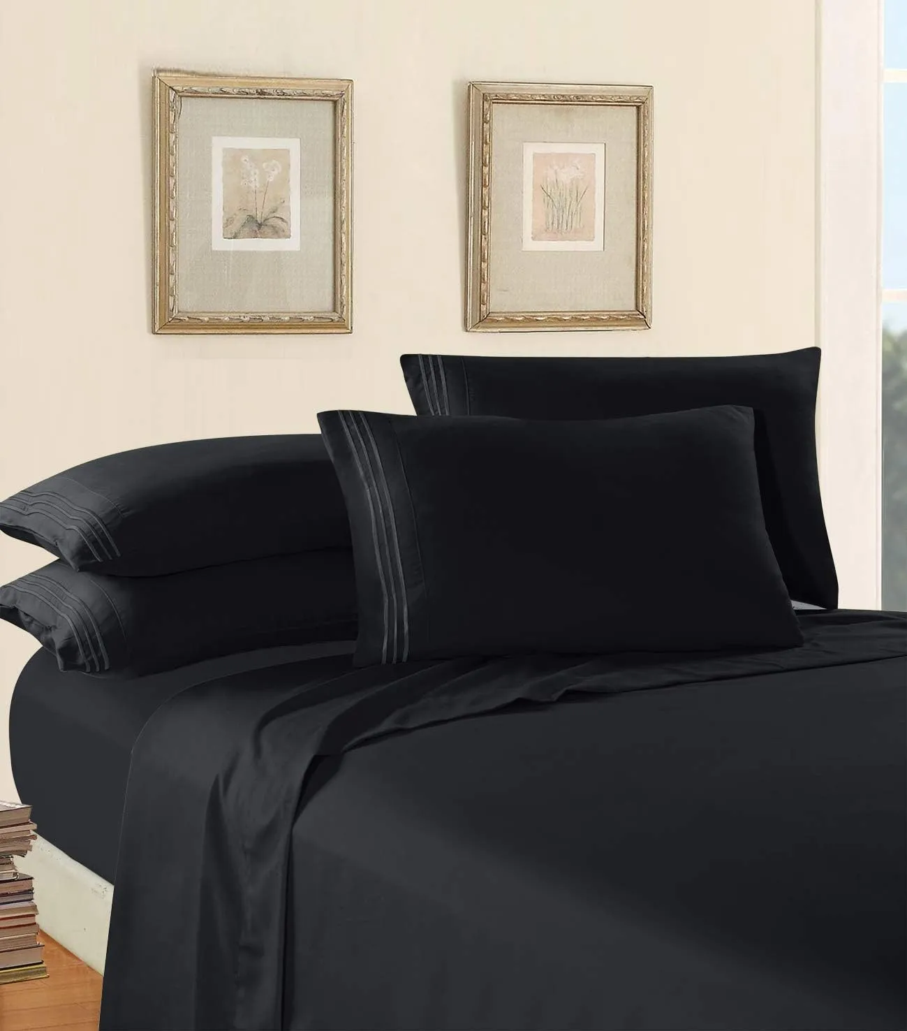 Elegant Comfort 1500 Premier Hotel Quality 4-Piece Bed Sheet Sets, Deep Pockets - Luxurious Wrinkle Free & Fade Resistant, Queen, Black