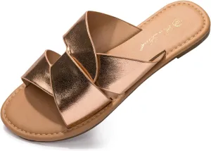 Eozlink Women's Flat Sandals Dressy Summer Band Flat Slide Sandal Slip-on Cross Strappy Crosscriss Flat Sandal Black White Gold Brown