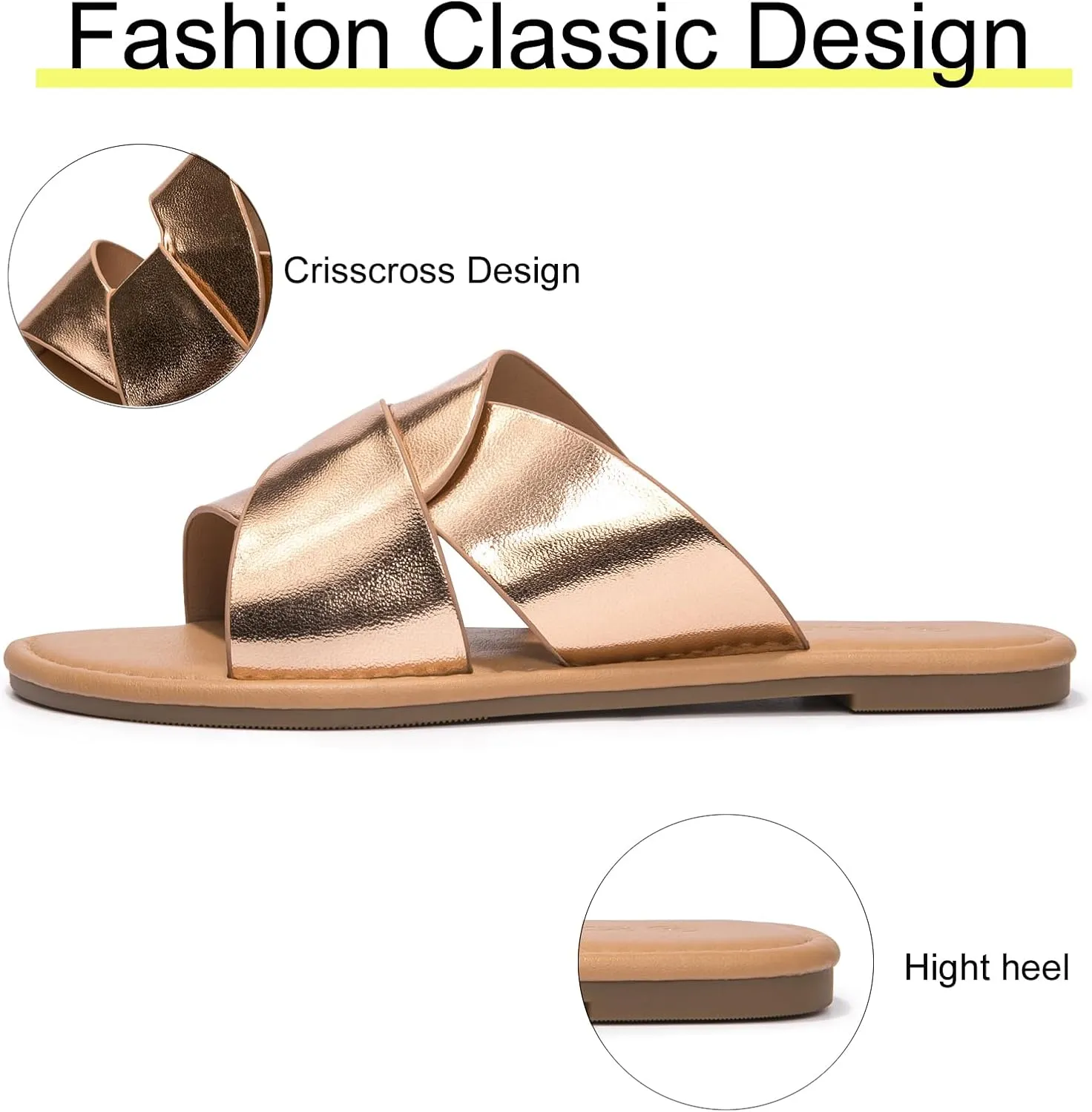 Eozlink Women's Flat Sandals Dressy Summer Band Flat Slide Sandal Slip-on Cross Strappy Crosscriss Flat Sandal Black White Gold Brown
