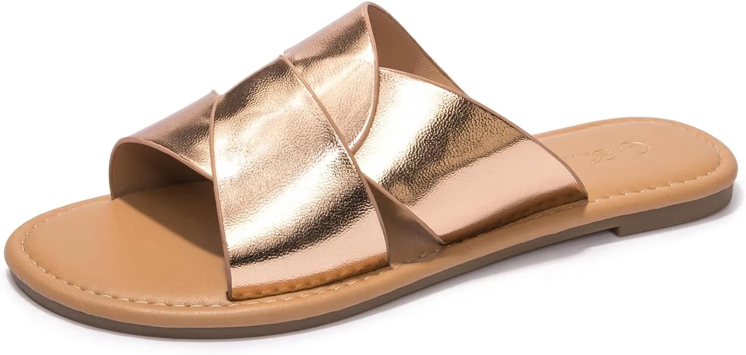 Eozlink Women's Flat Sandals Dressy Summer Band Flat Slide Sandal Slip-on Cross Strappy Crosscriss Flat Sandal Black White Gold Brown