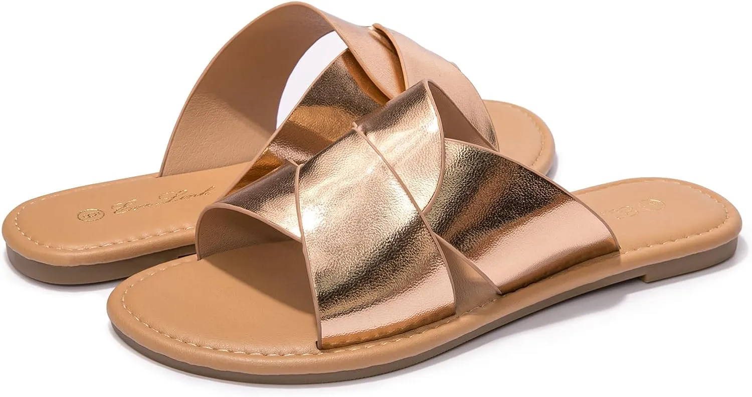 Eozlink Women's Flat Sandals Dressy Summer Band Flat Slide Sandal Slip-on Cross Strappy Crosscriss Flat Sandal Black White Gold Brown