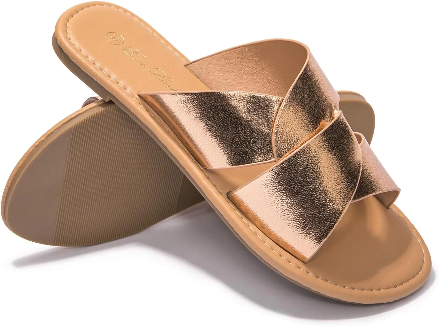 Eozlink Women's Flat Sandals Dressy Summer Band Flat Slide Sandal Slip-on Cross Strappy Crosscriss Flat Sandal Black White Gold Brown